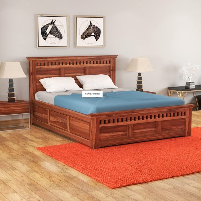 Solid Wood King Size Bed with Storage Honey Finish