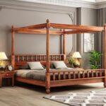 Wooden Queen Size Poster Bed Honey Finish - Solid Wood Queen Cot Bed
