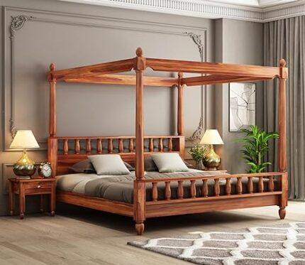 Wooden Queen Size Poster Bed Honey Finish - Solid Wood Queen Cot Bed