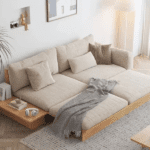 Solid Wood Japandi Sofa Bed with Liftable armest storage box (1)