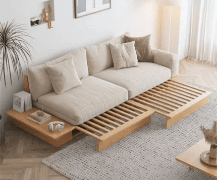 Solid Wood Japandi Sofa Bed with Liftable armest storage box (2)