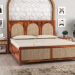 King Size Bed Rattan Cane With Storage Wooden bouble cot for Bedroom,Living Room & Hotel